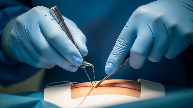 Surgeons Hands Performing Delicate Surgical Incision with Scalpel and Forceps.