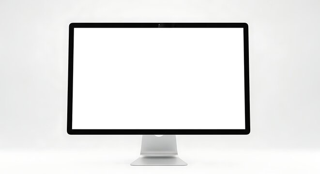 Blank computer monitor on a white background isolated display with black frame and silver base