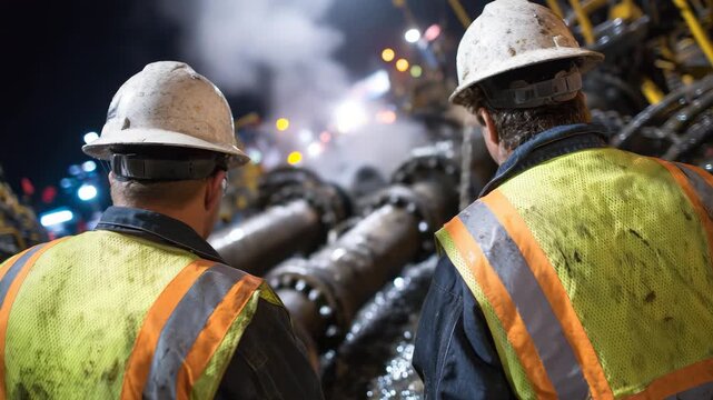 Engineers in neon-safety vests and helmets reacting to steam burst from a bottleneck valve, steel pipes with rivets and weld marks detailed, wet floor reflecting overhead lights, d