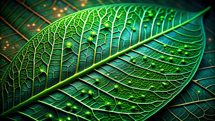 Overlapping green leaves with intricate vein patterns resembling circuit boards, glowing with digital energy.