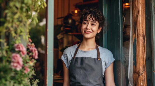 Portrait of a happy owner standing at the door of cefe shop, a cheerful adult waiter waiting for customers at a coffee shop, successful small business owner, professional, service