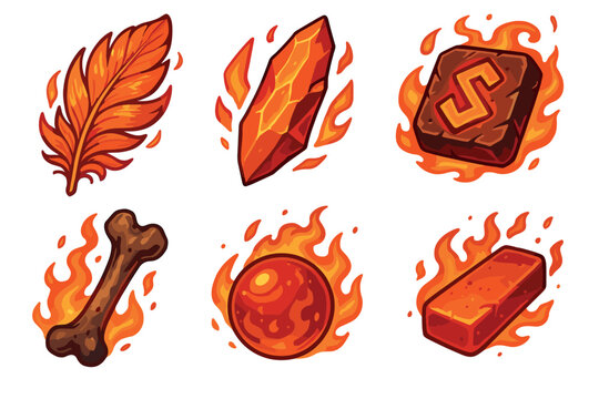 Various items on fire showcasing artistic design and creative elements of digital art in bright colors