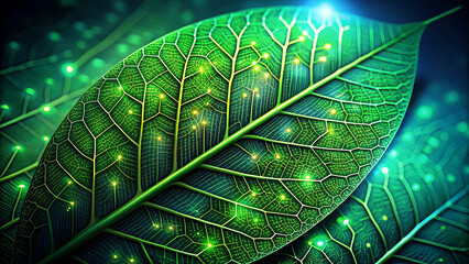Luminous green leaf with glowing circuits and data points, symbolizing the future of green technology.