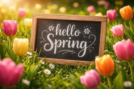Handwritten hello spring greeting on blackboard placed in garden of colorful tulip flowers
