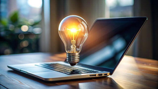 A brilliant incandescent light bulb shines atop a modern laptop, representing a great idea or technological breakthrough in a cozy indoor setting.