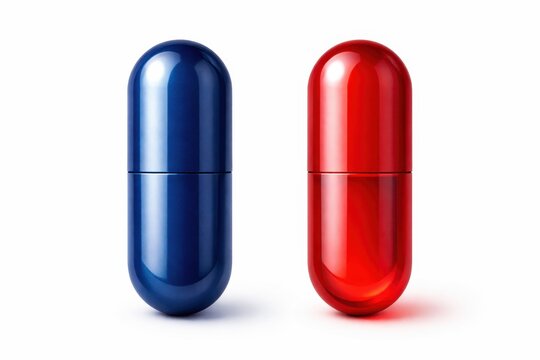 Iconic blue pill and red pill standing upright on a white reflective surface