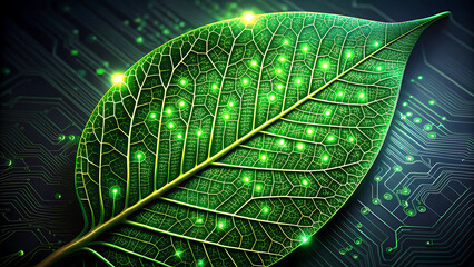Detailed green leaf texture with embedded glowing circuit pathways, representing smart organic technology.