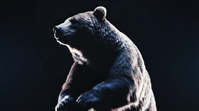 Majestic brown bear stands upright on hind legs in dramatic chiaroscuro, illuminated by strong light against dark, mysterious background, studio lighting, highly detailed fur texture, expres