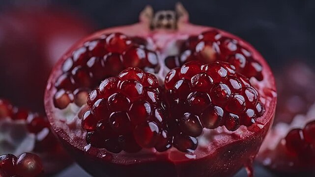 Fresh pomegranate fruit cut open revealing juicy arils.