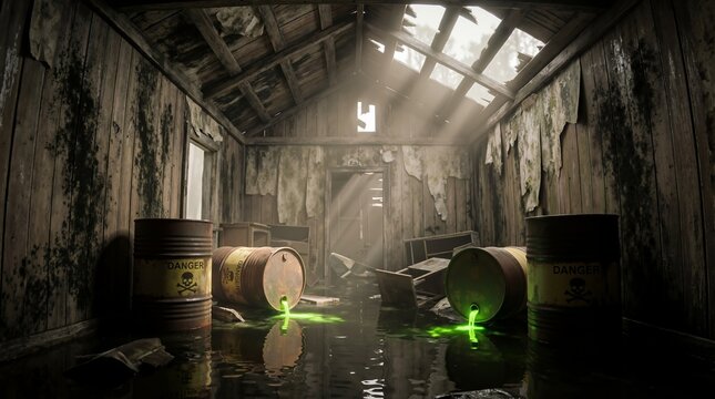 Abandoned wooden warehouse with leaking toxic barrels and glowing green liquid in flooded interior. Industrial pollution and real estate investment risk