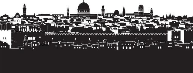 Obraz premium Jerusalem old city vector silhouette illustration with dome of the rock and city wall line art