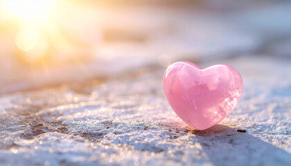 Fototapeta premium Pink heart stone on light textured tabletop, smooth polished quartz, natural mineral formation