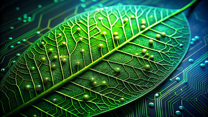 Intricate green leaf with luminous veins and glowing nodes against a dark digital circuit background, representing the seamless integration of nature and advanced technology.