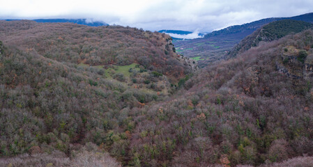 Obraz premium Aerial view from a drone of the Artazul Waterfall in Aizpún in the Ollo Valley. Navarre, Spain. Europe