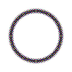 Naklejka premium CMYK halftone round frame, vector colorful abstract background, printing color separation. Retro vintage analog illustration
