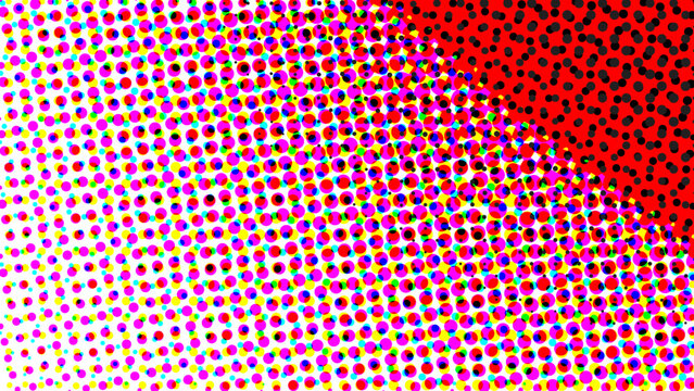 Colorful round dots halftone abstract background, printing color separation. Retro vintage analog illustration.
