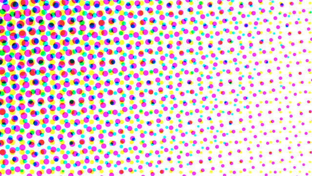 Colorful round dots halftone abstract background, printing color separation. Retro vintage analog illustration.