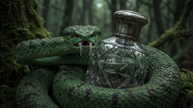Green pit viper snake with fangs bared guarding crystal perfume bottle in dark misty forest. Danger and treachery concept banner with copy space
