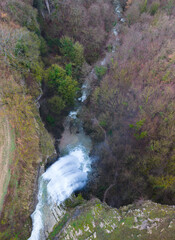 Aerial view from a drone of the Artazul Waterfall in Aizp&uacute;n in the Ollo Valley. Navarre, Spain. Europe
