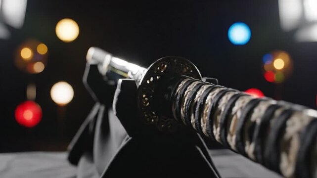 Katana sword with intricately wrapped handle, partially unsheathed, in a dark room with blurred colorful lights in the background, capturing a dramatic and moody atmosphere with a mix of tra