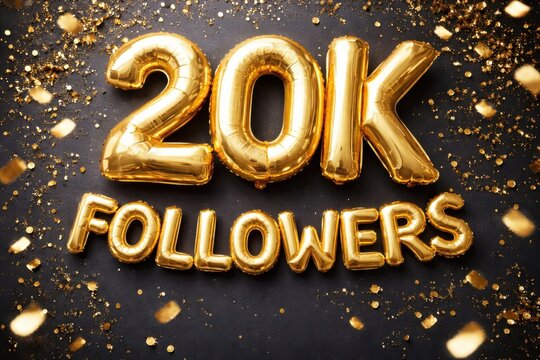 Shiny gold balloons spelling 20k followers with confetti celebration on dark background