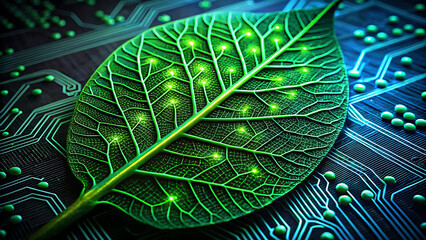 A close-up macro shot of a vibrant green leaf, its veins pulsing with light, set against a backdrop of intricate blue digital circuit lines and nodes, representing bio-digital synergy.