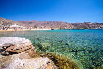 Ios, Greece : September 9, 2025 : Panoramic view of tourists enjoying the beautiful turquoise sandy Mylopotas beach in Ios Greece