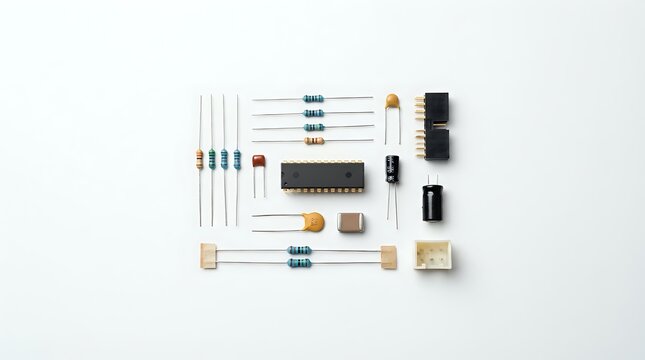 Electronic components and circuit elements arranged on white background for DIY projects and prototyping applications.