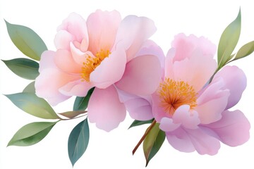 Obraz premium A masterpiece watercolor painting of lush pink Peony flowers. Wet on wet technique, watery splashes, soft edges. Delicate petals, fresh green leaves