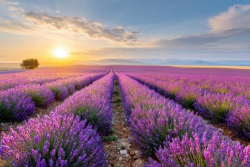 Obraz premium Agricultural landscape horizon at sunrise. Endless rows of blooming purple lavender fields leading the eye directly to the rising sun on the horizon line