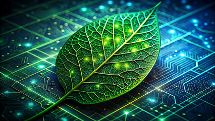 A single, sharp green leaf with highlighted vein structure, floating over a deep blue and green digital grid with glowing points, illustrating the advanced integration of nature and computation.