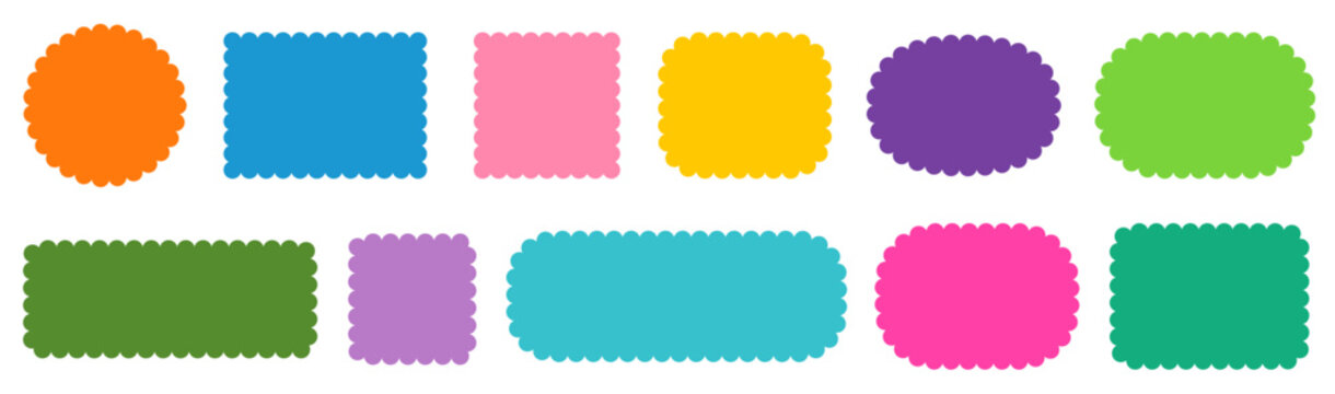 Colorful vector round, square and rectangular shapes with scalloped wavy zigzag edges, Cute graphic design elements for labels, gift and sale tags