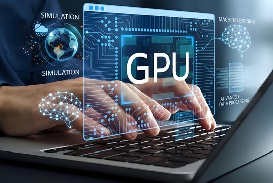 Professional working on laptop with GPU computing interface displaying advanced graphics processing technology for machine learning applications.