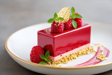 Fine dining dessert photography. Glossy red mousse cake with mirror glaze. Garnish of gold leaf and fresh raspberries. Macro shot showing texture