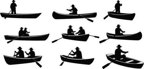 Black silhouettes of people rowing boats in various postures, vector illustration set of rowers and passengers, aquatic design for marine, sport, and lifestyle themes © Ariful
