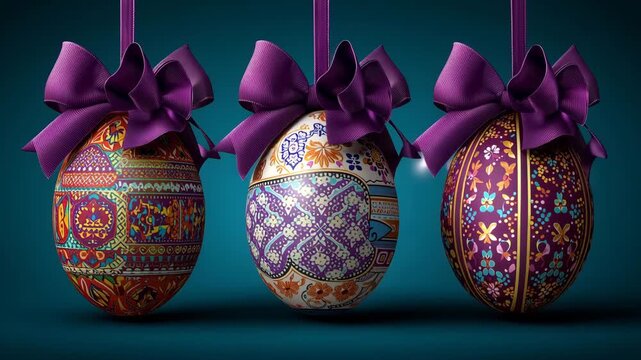 Three elegantly decorated Easter eggs, each adorned with a vibrant pattern and tied with a purple bow