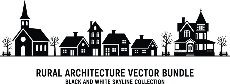 Rural Architecture Vector Bundle: Black and White Village Skyline Collection