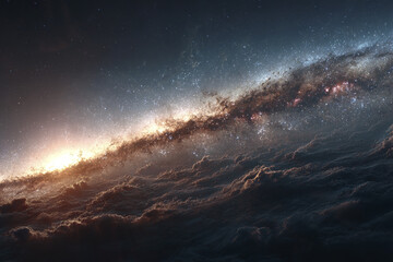 Fototapeta premium Galaxy band with millions of stars shining brightly above dark clouds in space panorama, showing cosmic dust and glowing nebulae creating stunning celestial view