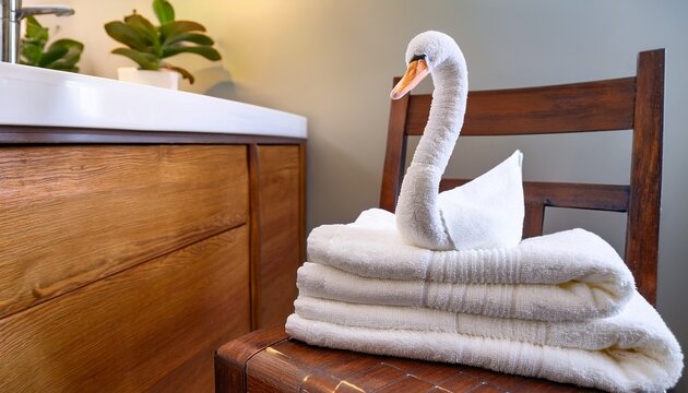 white guest bath towel folded in fancy style in shape of swan sitting atop stack of towels on chair in bed and breakfast hotel bathroom