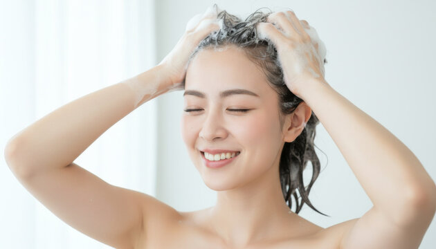 シャンプーする女性　髪を洗う