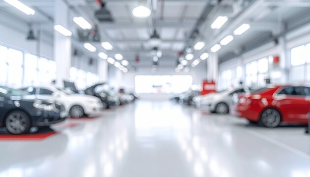 Blurred Showroom with Cars in Soft Focus for Background or Overlay Use. Modern Automotive Sales Floor in a Bright Interior.
