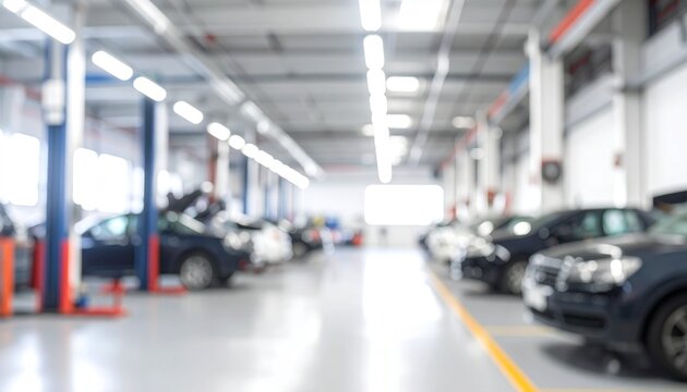 Blurred Auto Repair Shop Interior with Cars and Equipment for Background or Overlays.
