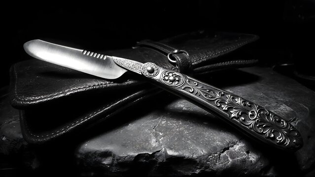 Vintage Ornate Straight Razor with Leather Strop on Dark Stone