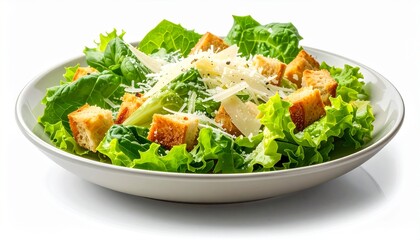Fresh caesar salad with croutons and parmesan cheese in a ceramic bowl for healthy lifestyle concepts.