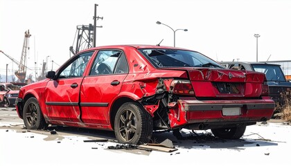 Red Car Severely Damaged After Accident Showing Broken Glass and Twisted Metal Represents Auto Insurance and Safety.