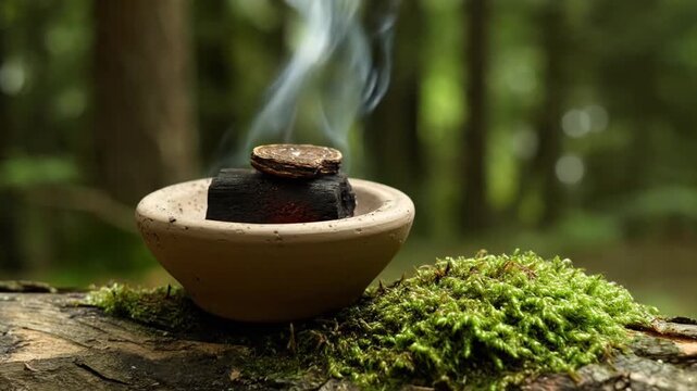 A close-up of a small, clay incense burner sitting on a mossy log in a forest. A piece of charcoal glows red underneath a chip of Oud wood