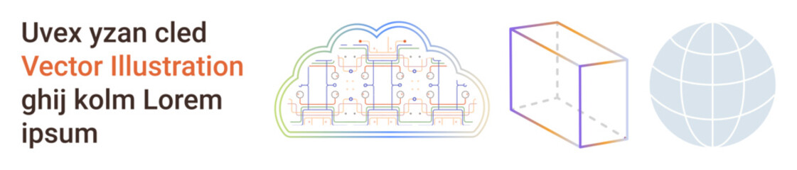 Obraz premium Cloud storage, blockchain systems, global networking, data sharing, technology education, online security. Icons of a cloud server, blockchain cube and globe. Cloud storage and blockchain systems