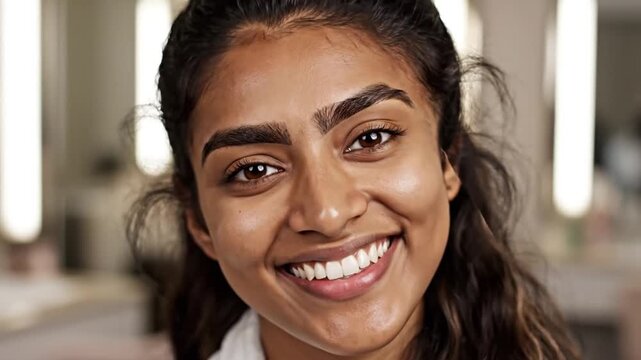 Close-up portrait of a happy young woman with perfect smile and glowing skin in a beauty salon, showcasing vibrant expression and healthy teeth, captured in a realistic photography style wit