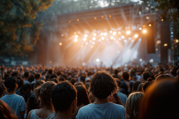 Music Band Performing Live at Outdoor Concert with Enthusiastic Crowd Under Vibrant Stage
