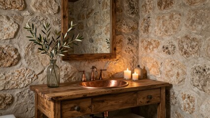 Rustic Bathroom With Stone Walls And Spa